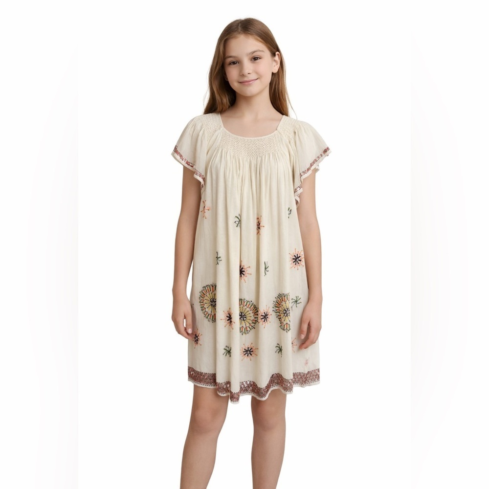 Antik Batik Girls Ivory Mini Dress  14 Year Embroidered Boho Cottage Peasant